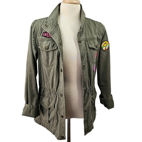 Cat & Jack Girls Military Style Jacket Snap Close Emoji Patch 4 Pocket XL Green - Picture 6 of 11